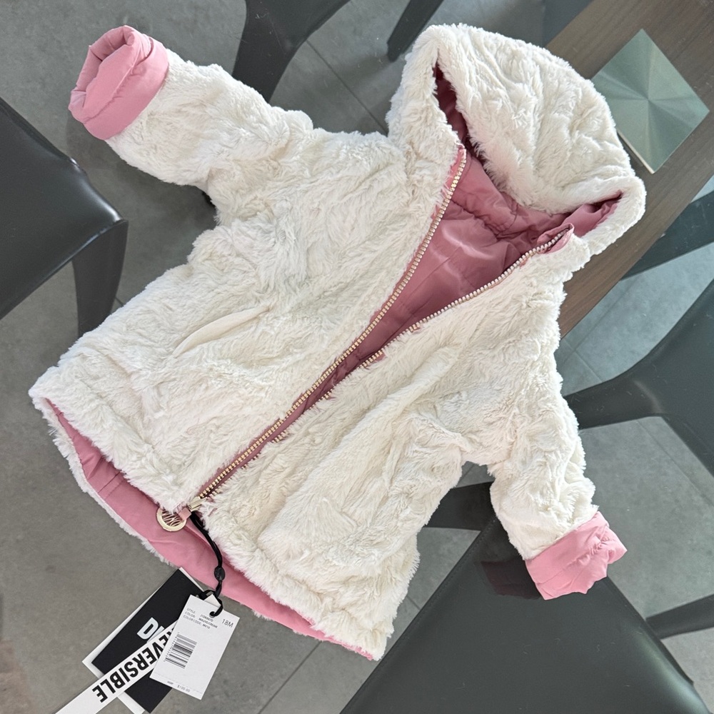 DKNY Pink Hooded Jacket with Faux Fur
